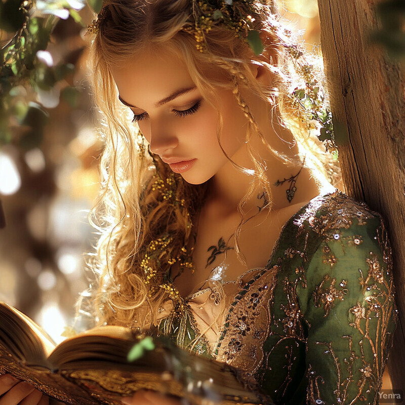 A young woman with long blonde hair and a green dress reads an old book outdoors