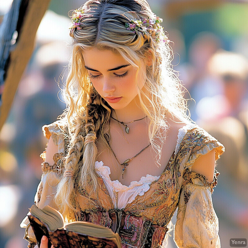 A young woman dressed in Renaissance attire holds an open book and gazes downward, surrounded by a blurred crowd of people.