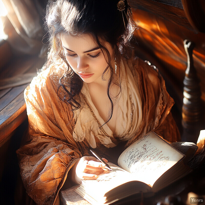 A serene image of a woman reading and writing in a cozy room.