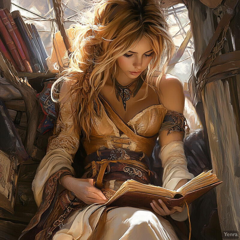 A woman sits in a cozy nook surrounded by books, gazing at an open book held in her hands.