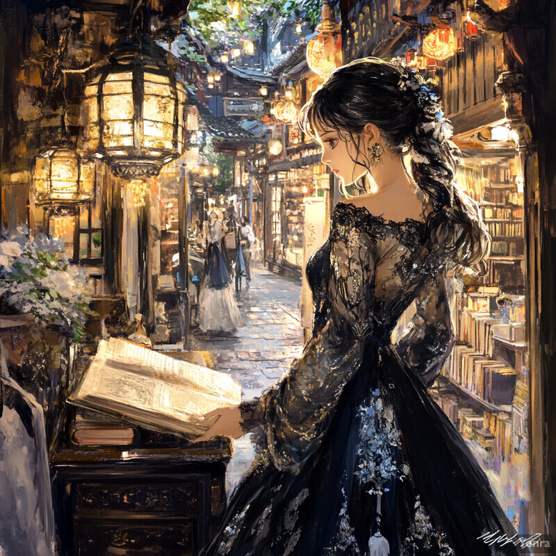 A serene and elegant scene of a woman in front of a bookshop surrounded by greenery.