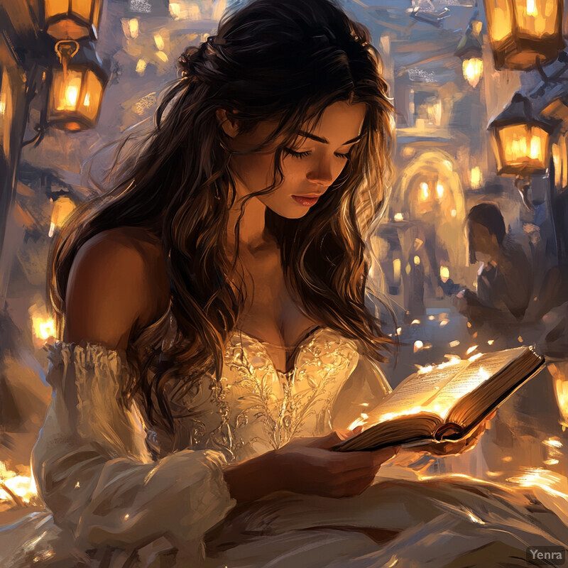 A woman reads a book under the soft glow of lanterns