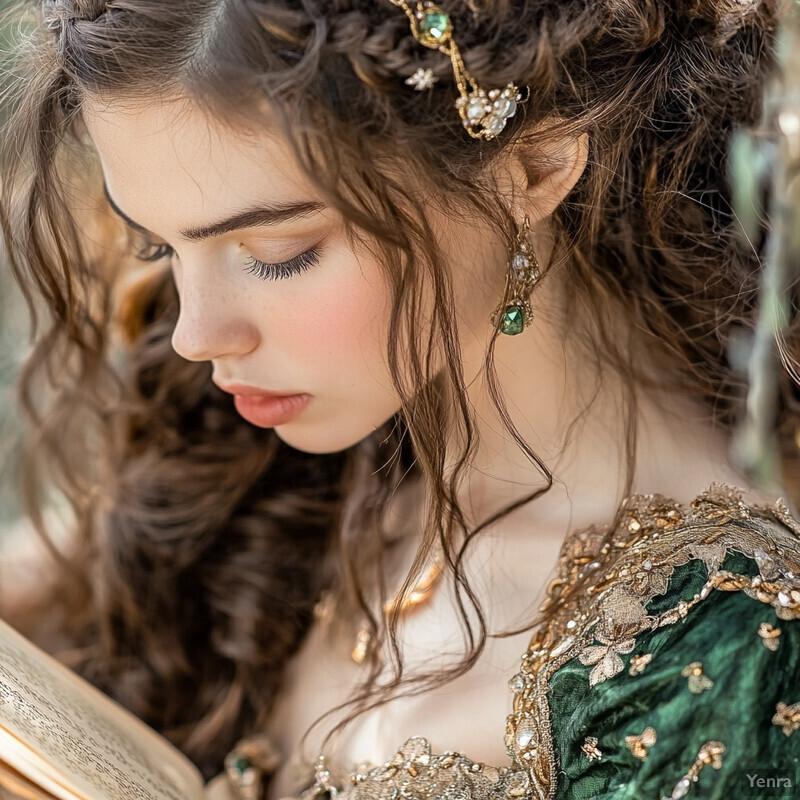 A woman dressed in medieval-inspired costume reads from a book.