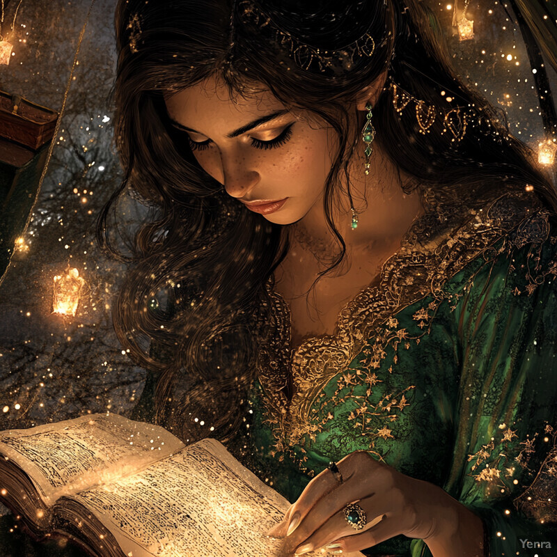 A woman studies an open book by candlelight, surrounded by darkness and scattered lights.