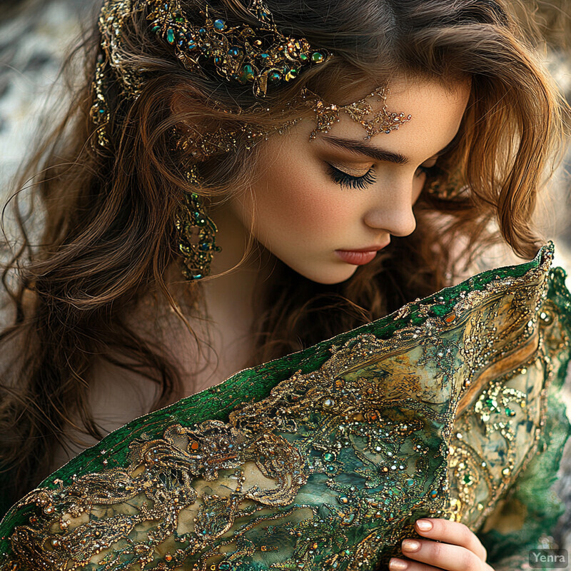 A woman with long brown hair and a green dress holding a fan