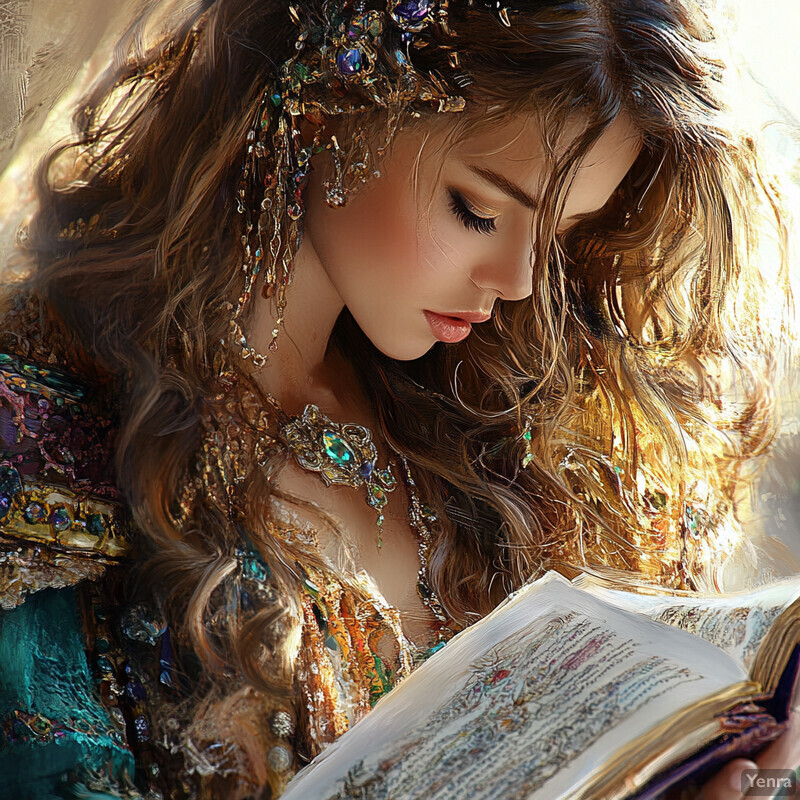 A woman with long brown hair and fair skin reads from an open book, wearing a turquoise dress or robe with gold embroidery and a matching headpiece.