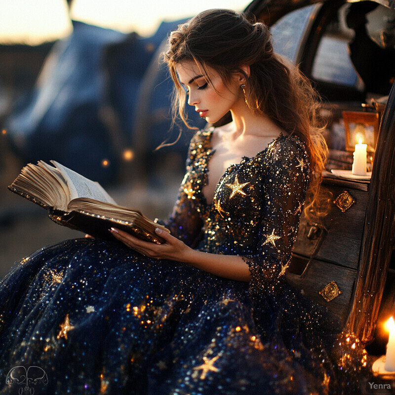 A young woman reads an old book in an outdoor setting.