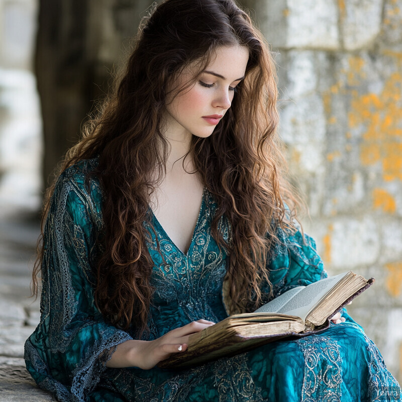 A young woman reads an open book on stone steps or cobblestones, wearing a teal blue dress with intricate embroidery.