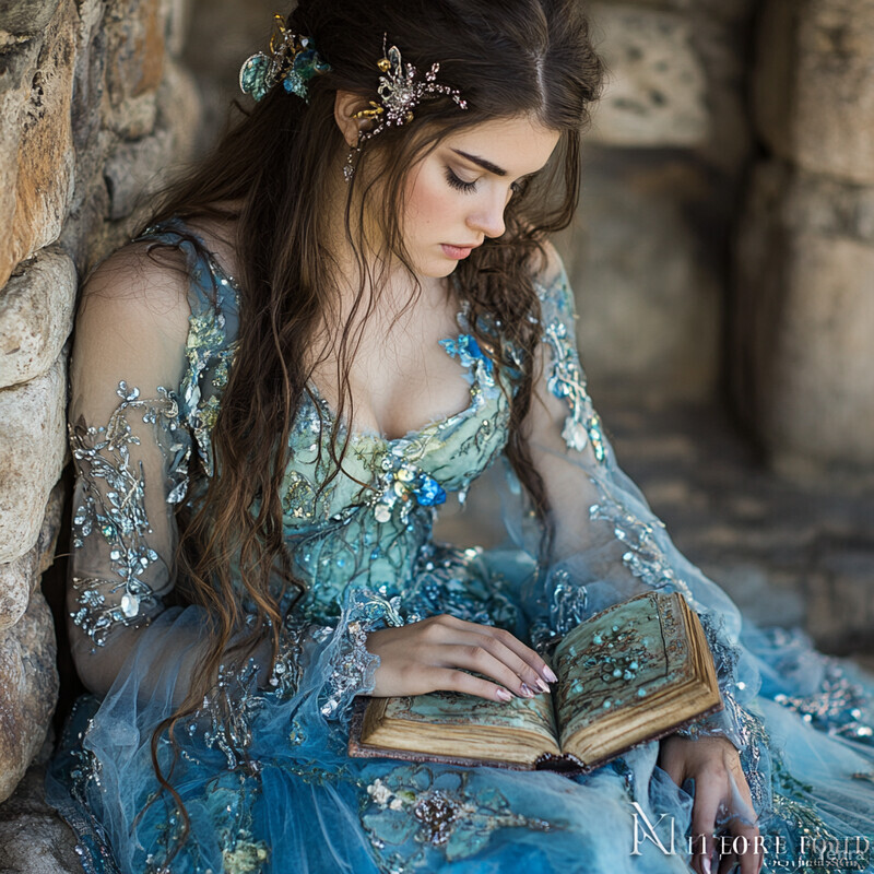 A woman dressed in an elaborate blue gown sits against a stone wall, holding an open book.