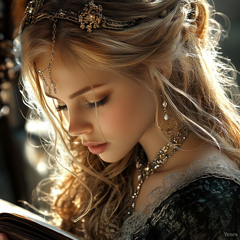 A woman with long blonde hair and a headpiece reads an open book in a dimly lit room