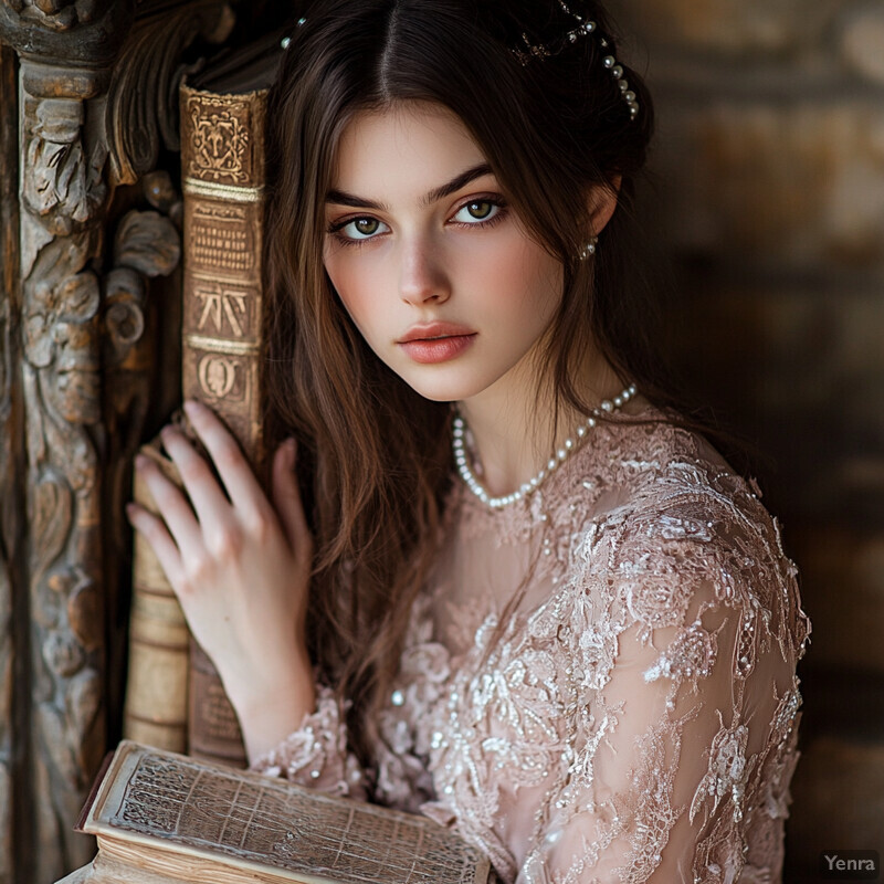 A young woman with long brown hair and green eyes sits surrounded by books, exuding quiet brilliance in her pale pink lace dress and pearl accessories.