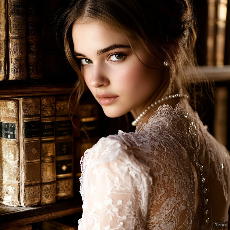 A young woman stands in front of a bookshelf, surrounded by old books, exuding an air of sophistication and refinement.