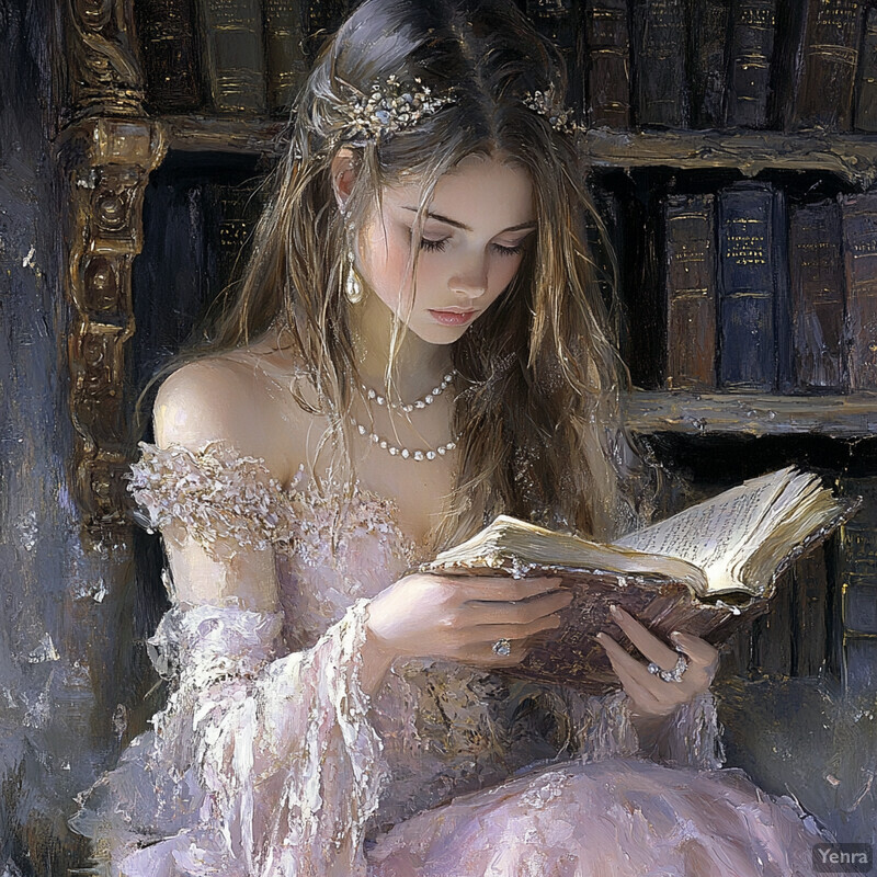 A woman engrossed in reading an old book, surrounded by an opulent setting.