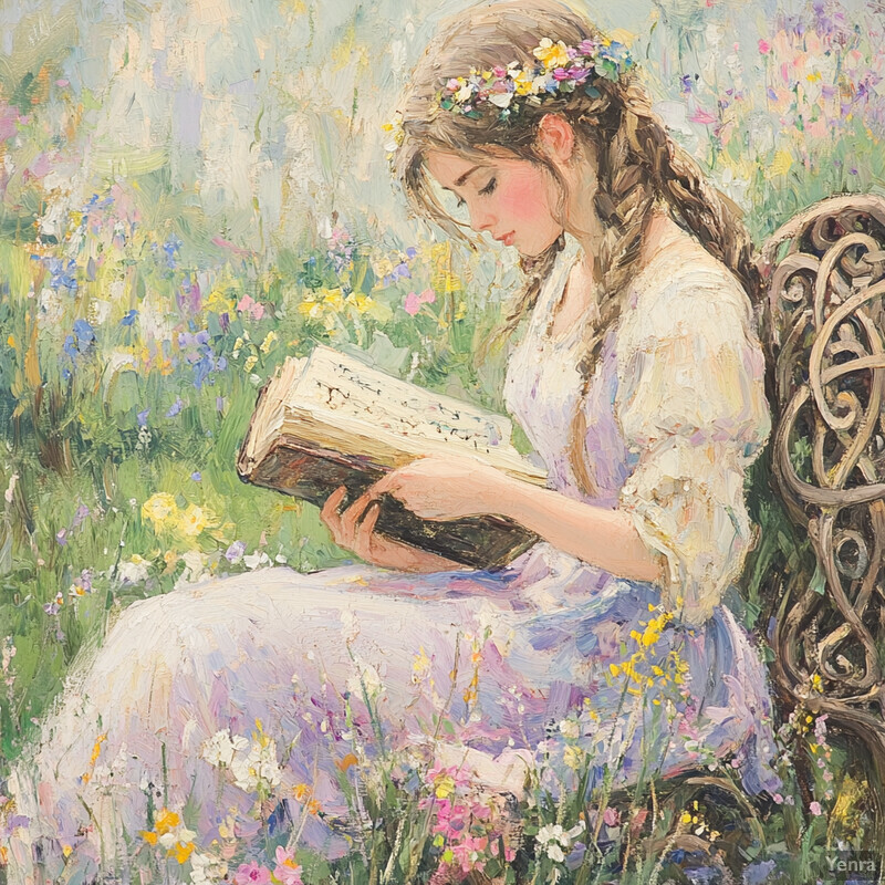 A young girl reads a book in a garden or field filled with wildflowers