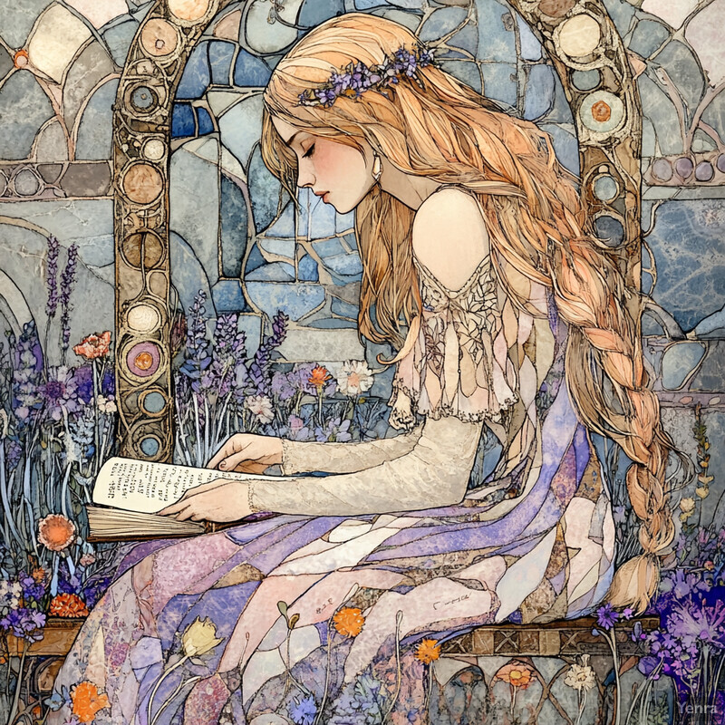 A serene image of a woman reading in a garden, surrounded by vibrant flowers and foliage.