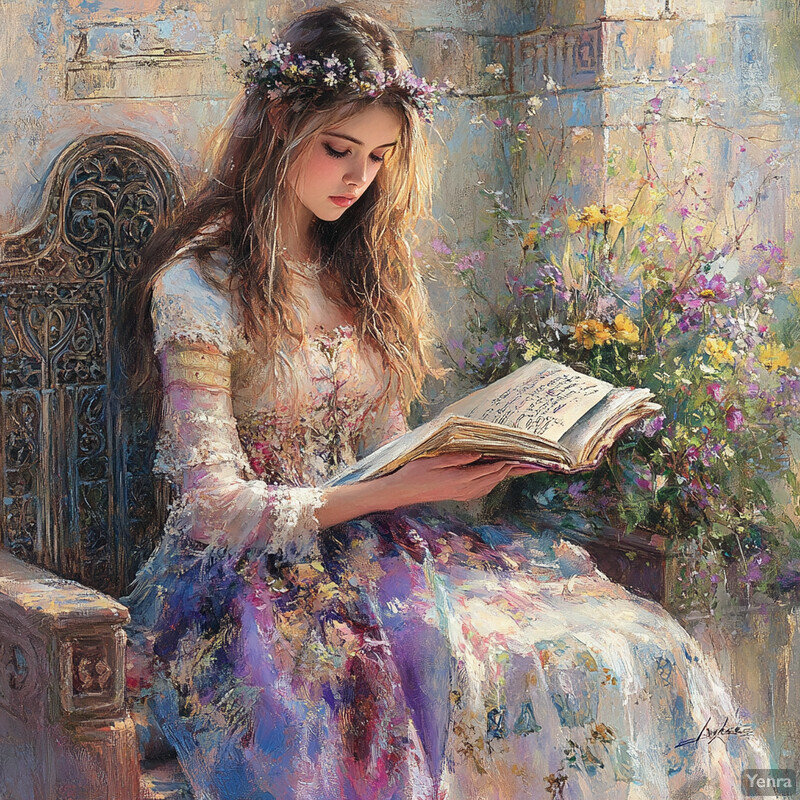 A serene painting of a young woman reading a book on an ornate chair.