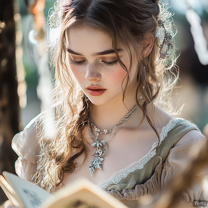 A woman reads a book outdoors