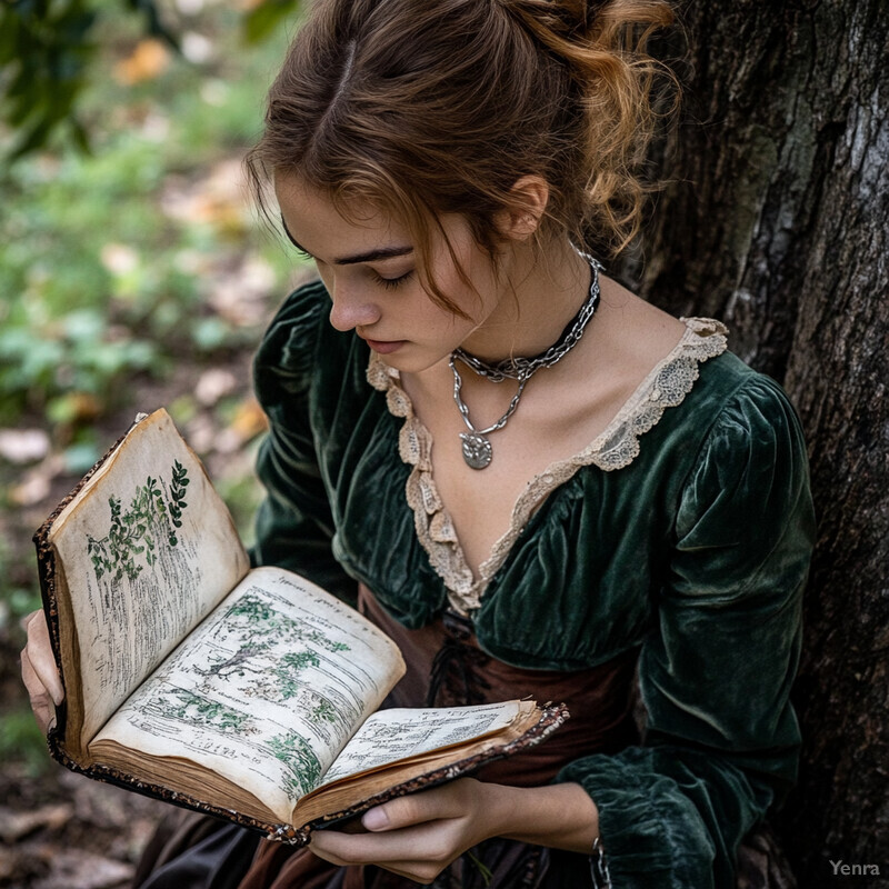 A woman sits by a tree, reading an open book with handwritten text and botanical illustrations.