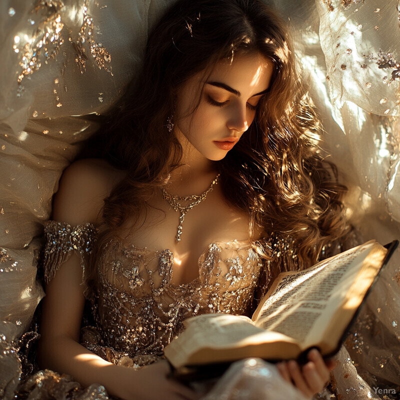 A woman engrossed in reading a book in a cozy living room or study area.