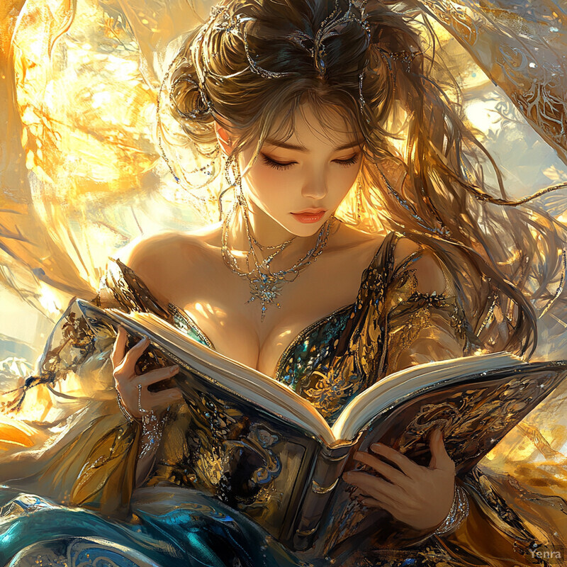 A serene and mystical scene of a woman reading an ancient book