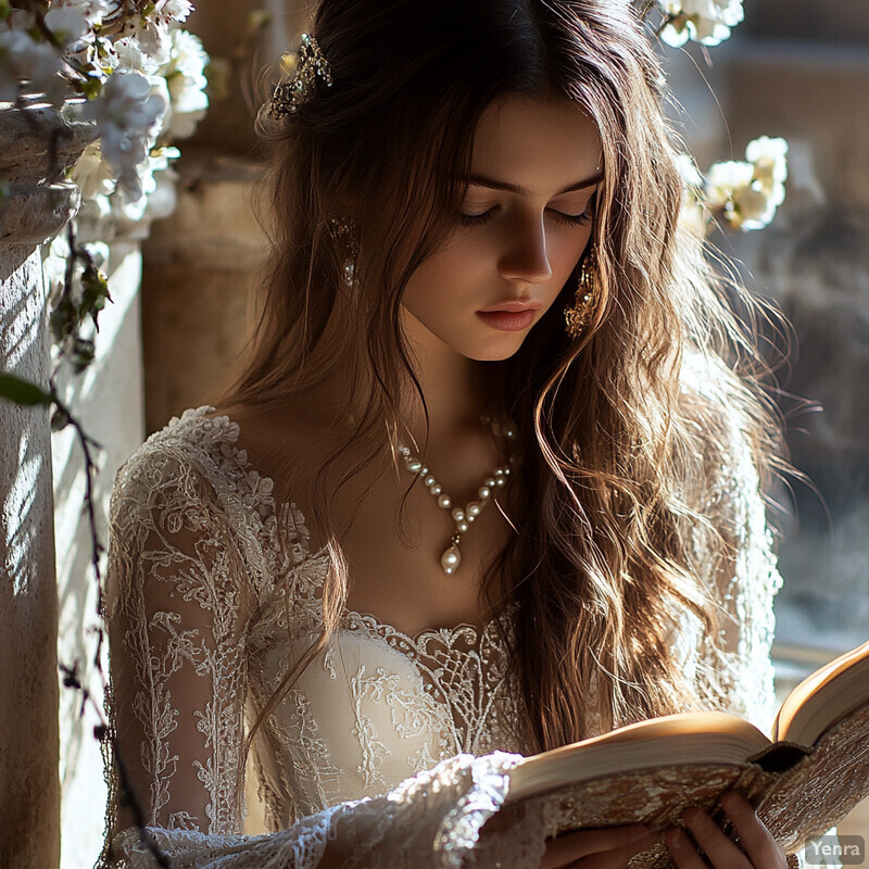 A young woman wearing a white lace dress and pearls reads a book