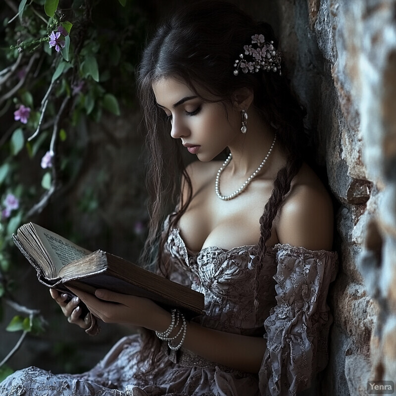 A woman sits by a stone wall, reading a book