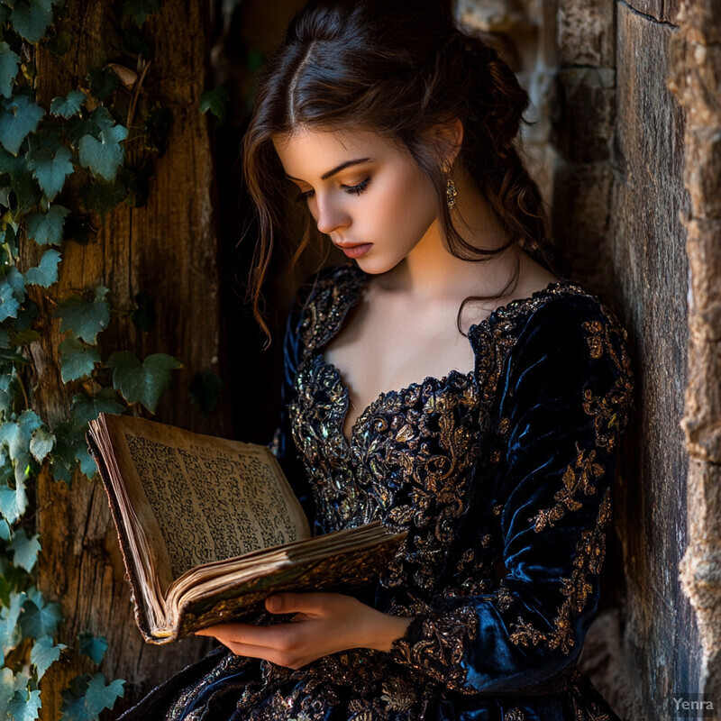 A young woman with long brown hair is dressed in a blue velvet dress and holding an old leather-bound book in a garden setting.