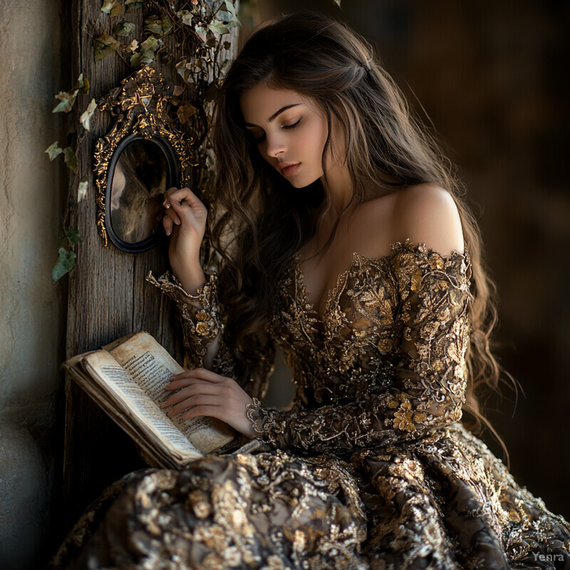 A woman in a gold dress reads a book, exuding thoughtfulness and serenity