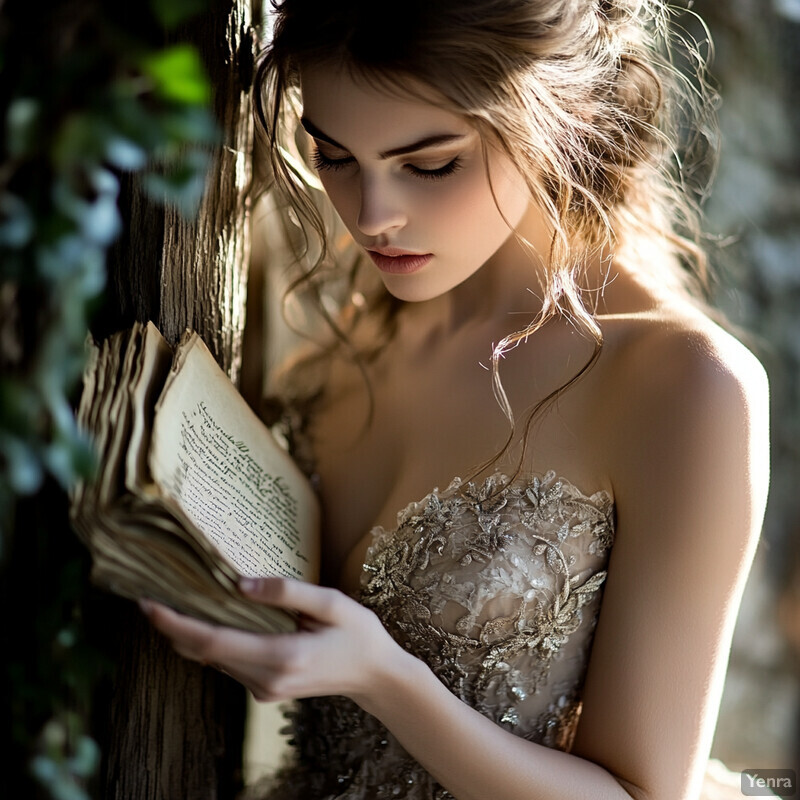 A young woman in a floral embroidered dress sits on a wooden bench, reading a book surrounded by trees