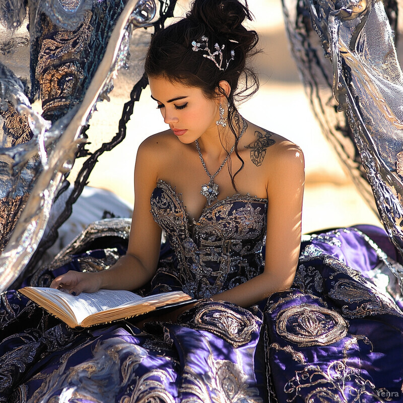 A woman in a purple and gold dress reads a book on a couch or chair in a cozy living room or library setting