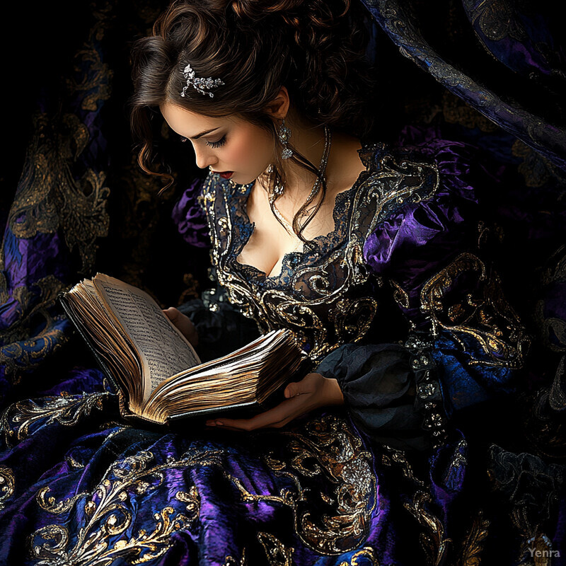 A woman in a dark blue velvet dress with gold embroidery is engrossed in reading a book.