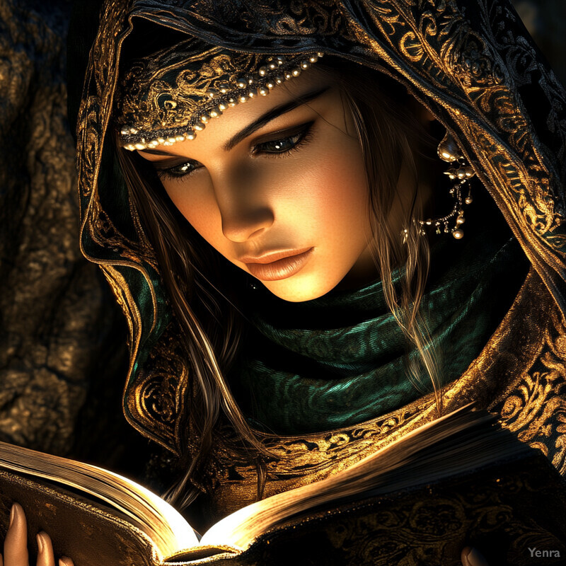 A woman in traditional attire reads an open book.