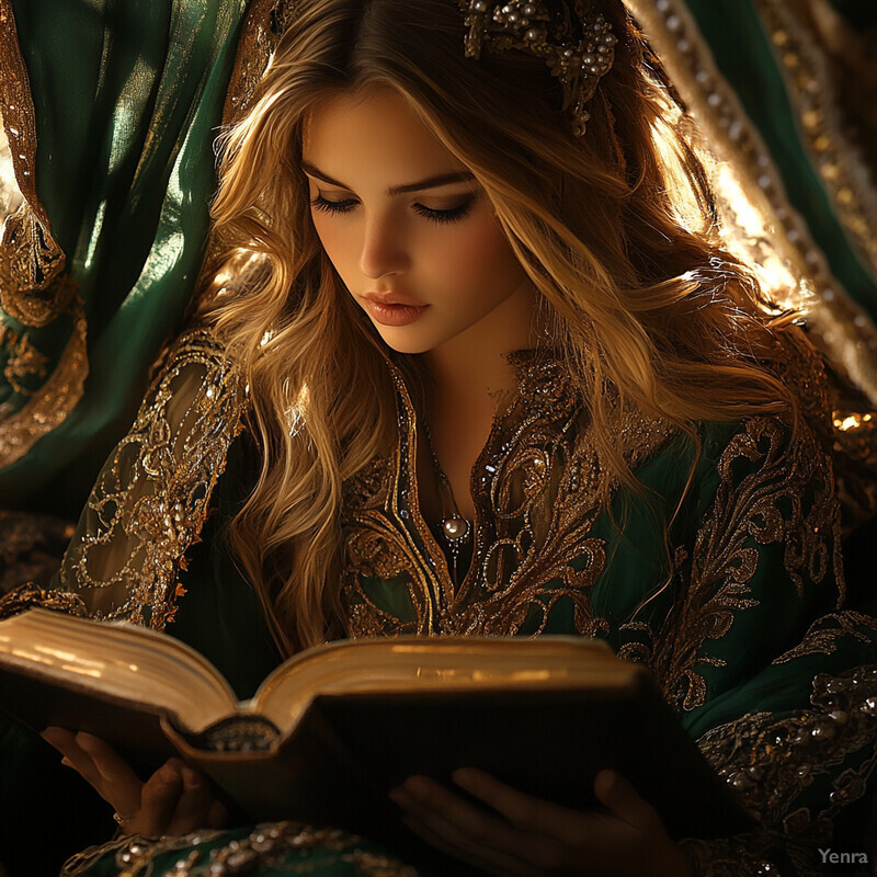 A woman reads an ancient tome, surrounded by candlelight.