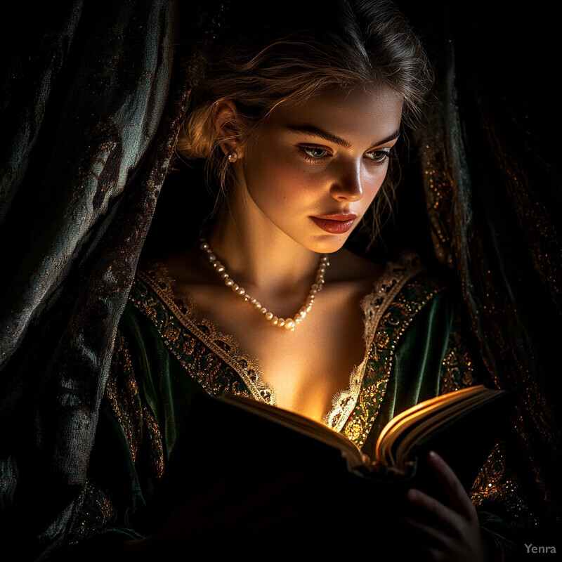 A woman in a green and gold dress holds an open book, exuding a sense of quiet reflection and intellectual curiosity.