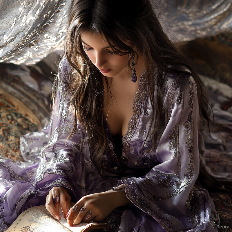 A woman sits on the floor, engrossed in reading a book surrounded by an ornate rug or tapestry