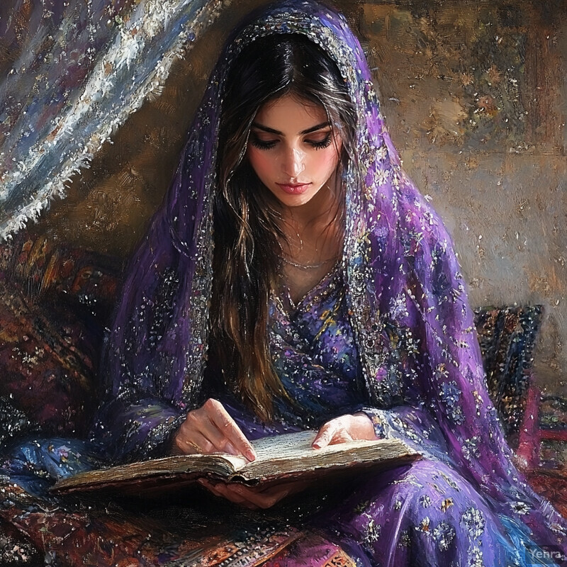 A serene and contemplative scene of a woman engrossed in reading, surrounded by earthy tones and rich colors.