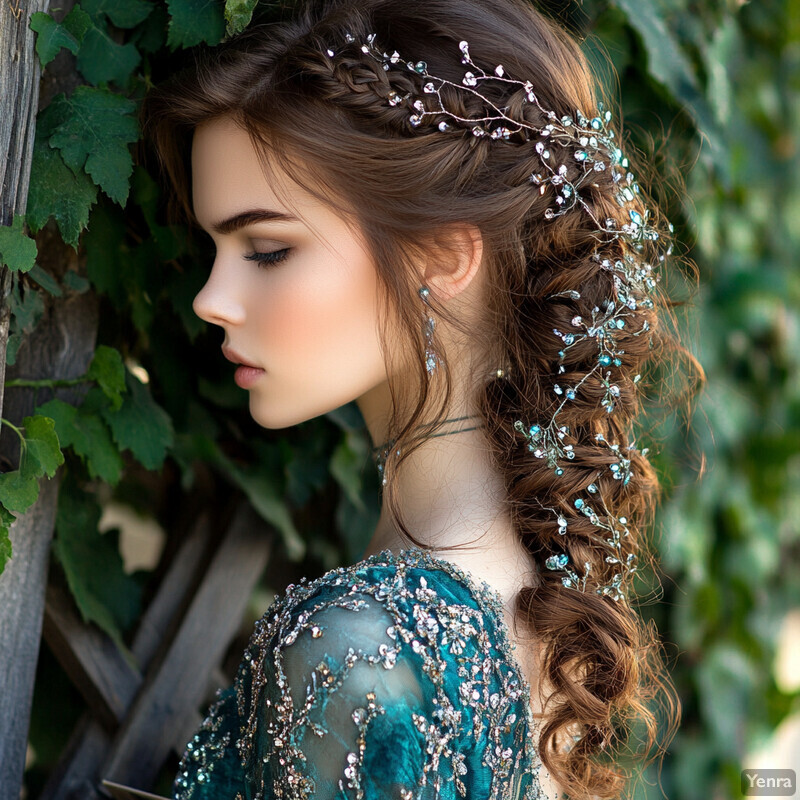 A woman with long brown hair styled in a braid adorned with a silver vine-like accessory featuring small gems and flowers, set against an outdoor backdrop.