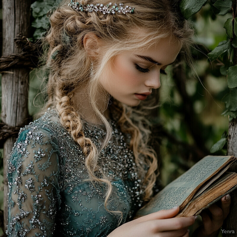 A young girl with long blonde hair and a teal dress reads from an open book, surrounded by a wooden fence or trellis covered in green vines.