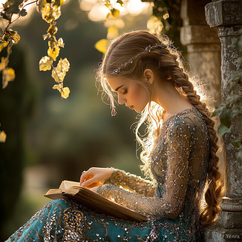 A young woman sits on a stone wall, surrounded by greenery, reading a book in her flowing white gown.