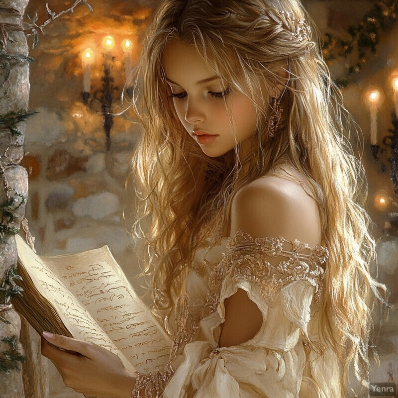 A woman with long hair reads from an open book or journal, wearing a white dress with gold embroidery.