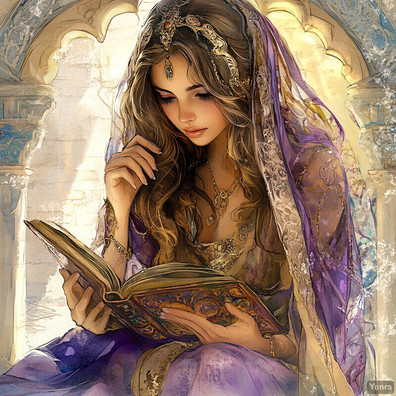 A woman dressed in traditional Middle Eastern attire sits cross-legged on the floor, holding an open book and lost in thought.