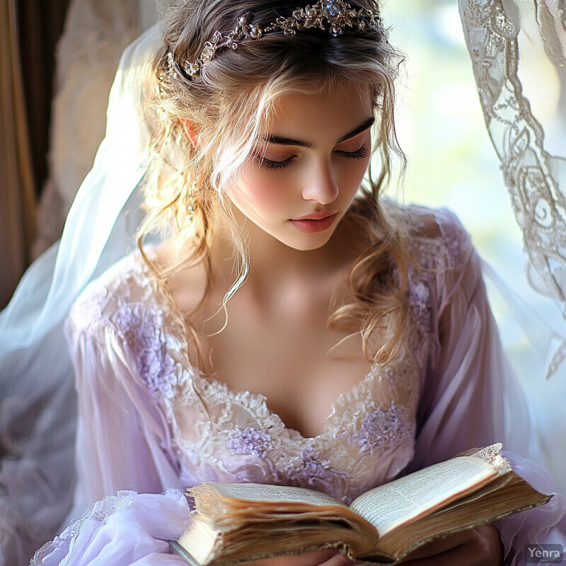 A young woman in a wedding dress sits on the floor surrounded by flowers, holding a book and pen, lost in thought.