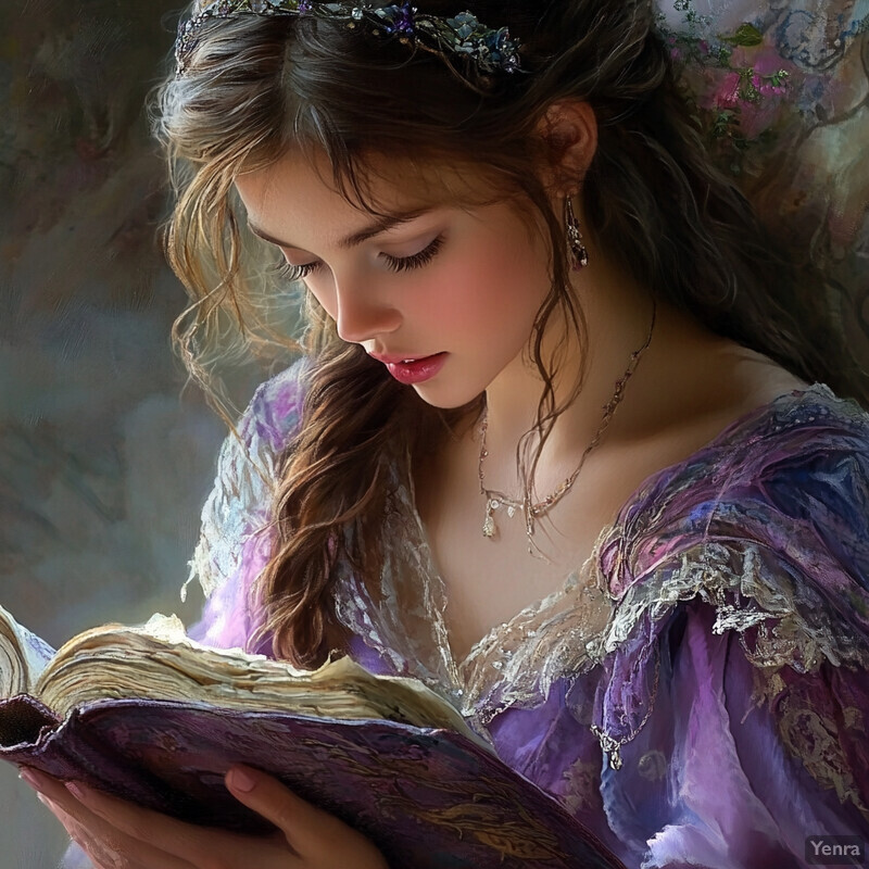 A serene and scholarly atmosphere, with a woman dressed in purple attire surrounded by books and scrolls, lost in thought while reading a book.