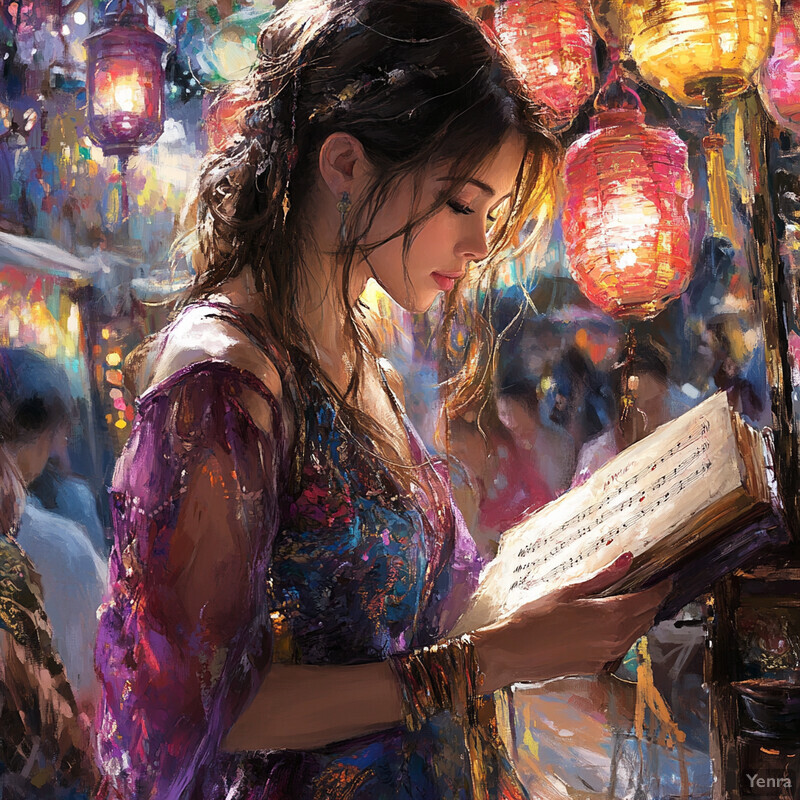 A woman reads a book in a bustling market surrounded by lanterns.