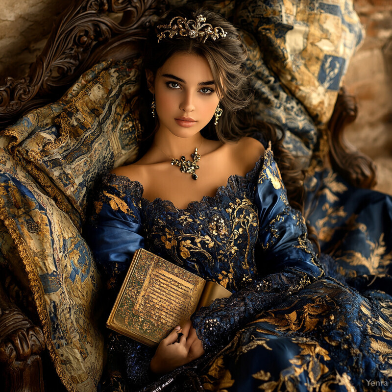 A woman reclines on an ornate couch, dressed in a blue gown with golden embroidery, holding a book or journal and a fan.