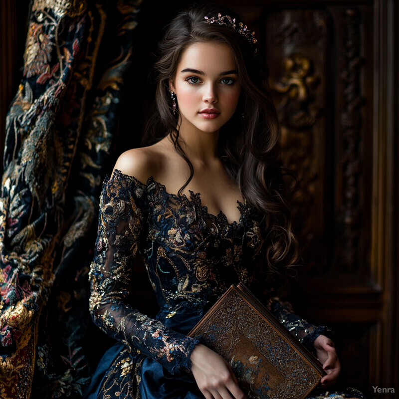 A young woman in an elegant dress holds a book, set against a dark background with ornate furnishings.