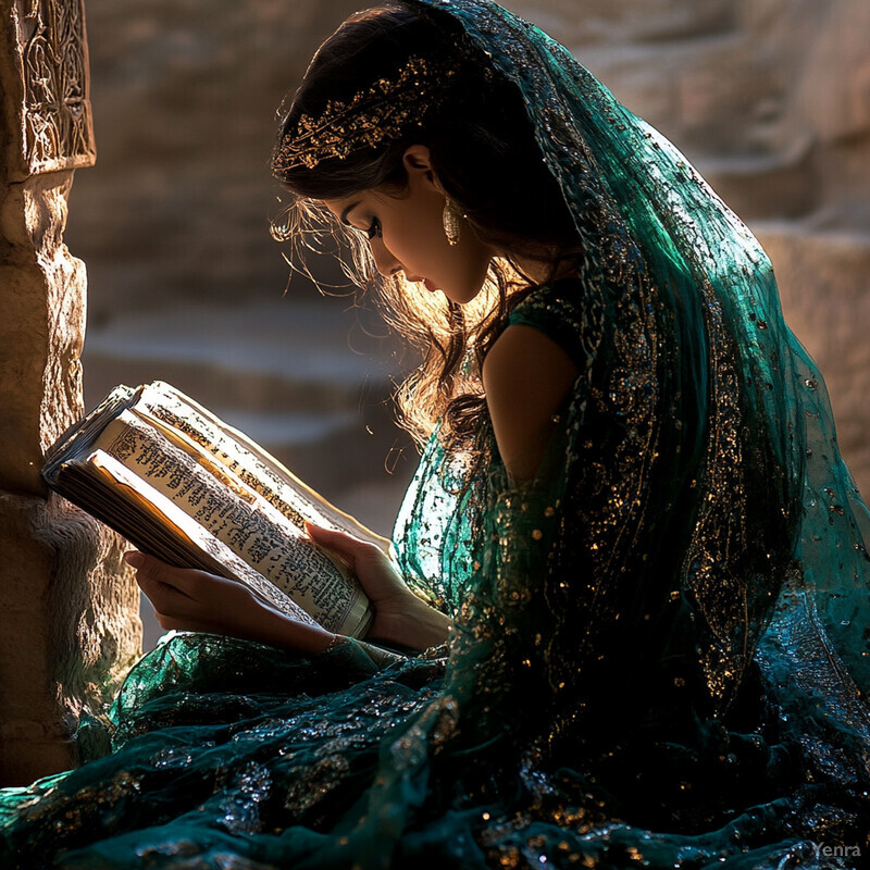 A person in traditional attire holds a book with intricate details