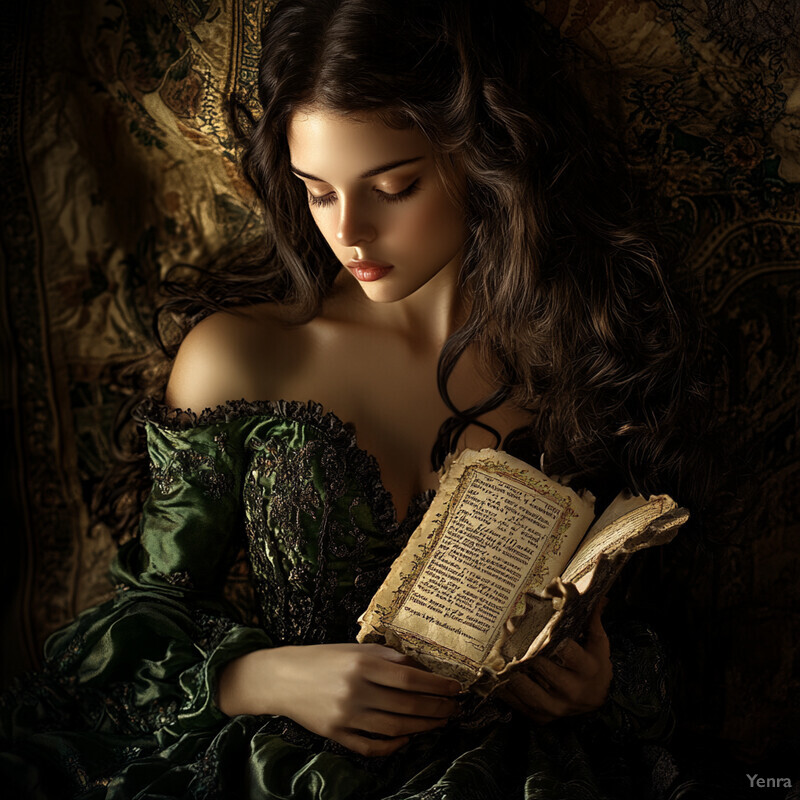 A young woman in a green dress holds an old book, surrounded by warm golden light.