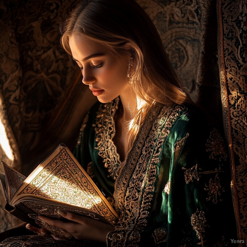 A young woman is engrossed in reading an intricately illustrated book, surrounded by a serene and elegant setting.