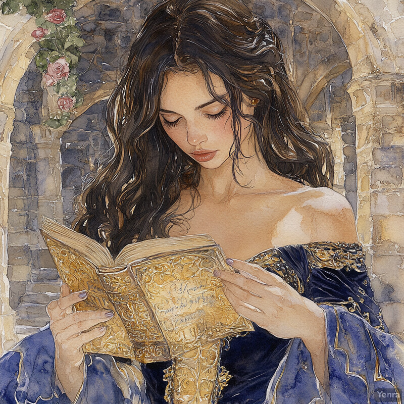 A woman with long brown hair and a blue dress reads a book with gold cover in front of a stone wall